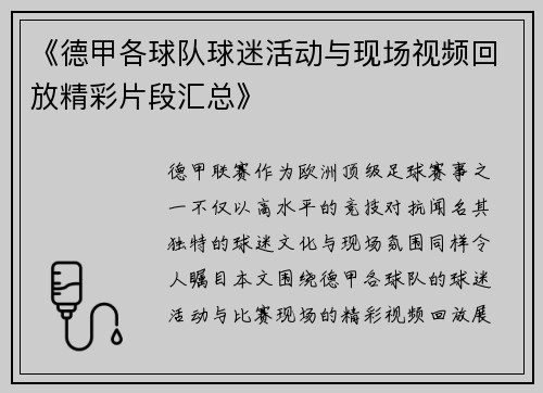 《德甲各球队球迷活动与现场视频回放精彩片段汇总》